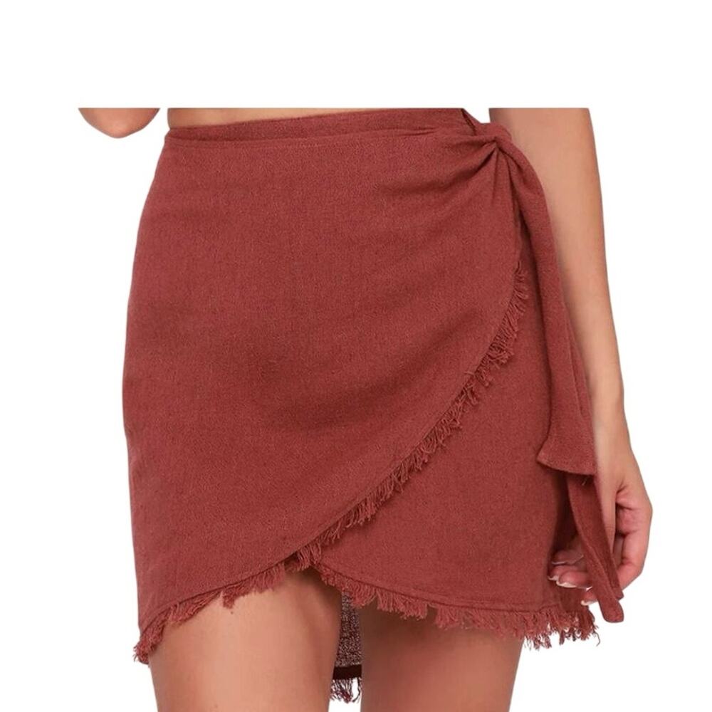Free People Sydnie Wrap Mini Skirt Small Red Brown Fringe Gauzy Boho Resortwear